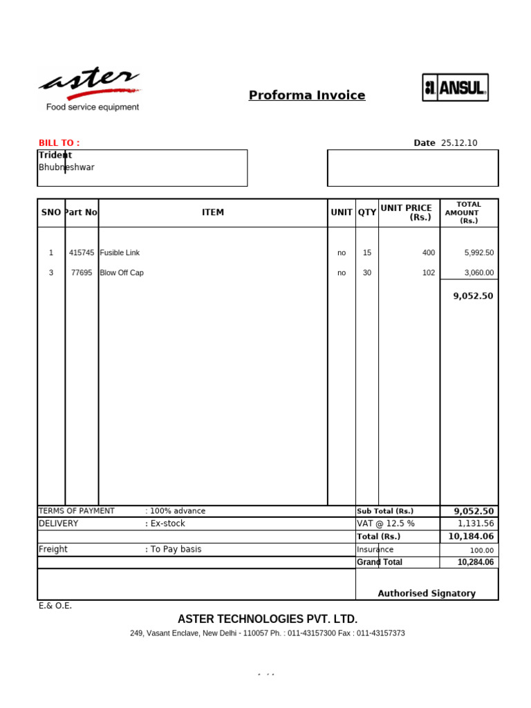 Proforma Invoice for Fire Suppression Parts | PDF | Manufactured Goods