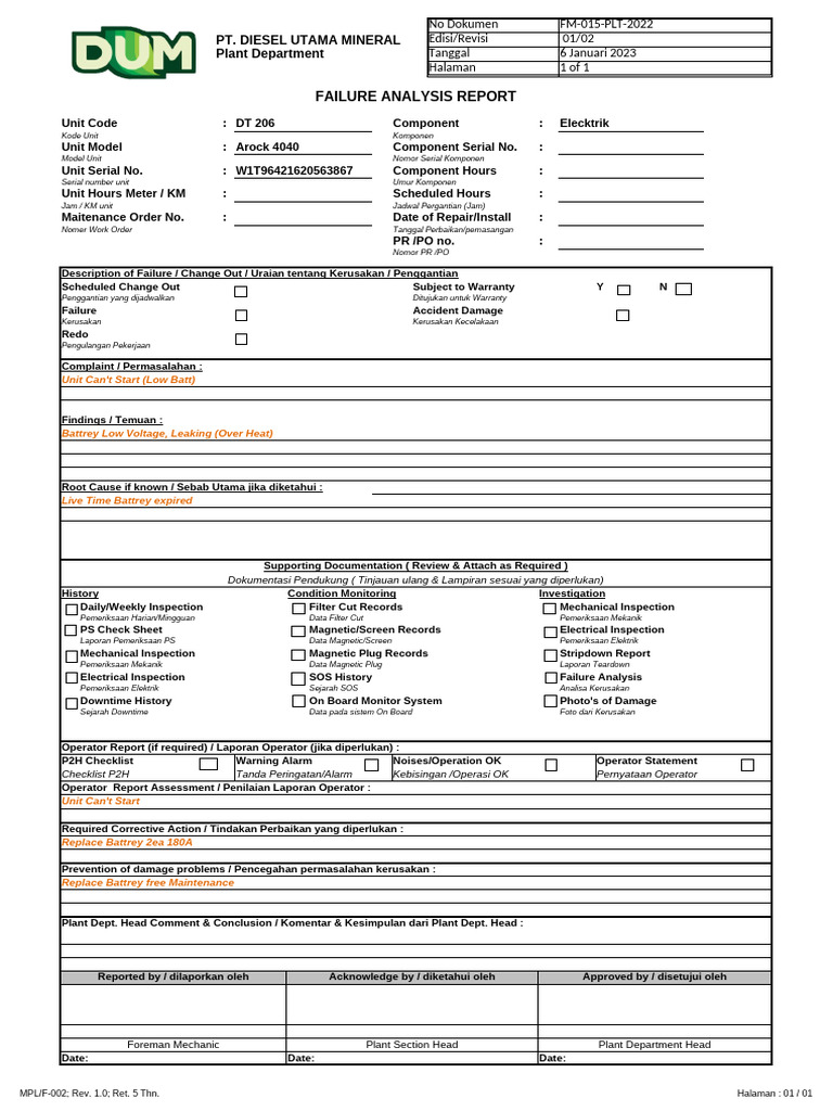 FM-015-PLT-2021 FAILURE ANALYSIS REPORT DT 206 | PDF | Electrical ...
