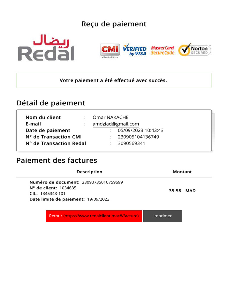 Reçu de paiement Redal en ligne | PDF