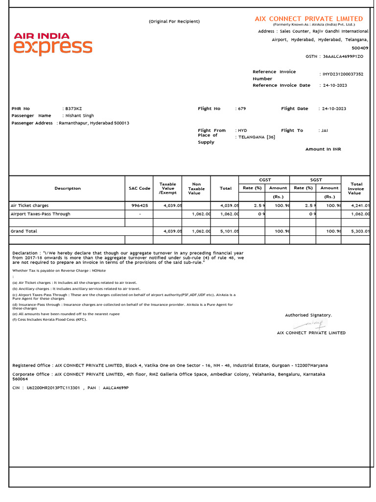 AIX Connect Flight Invoice Details | PDF | Economy Of India | Public ...