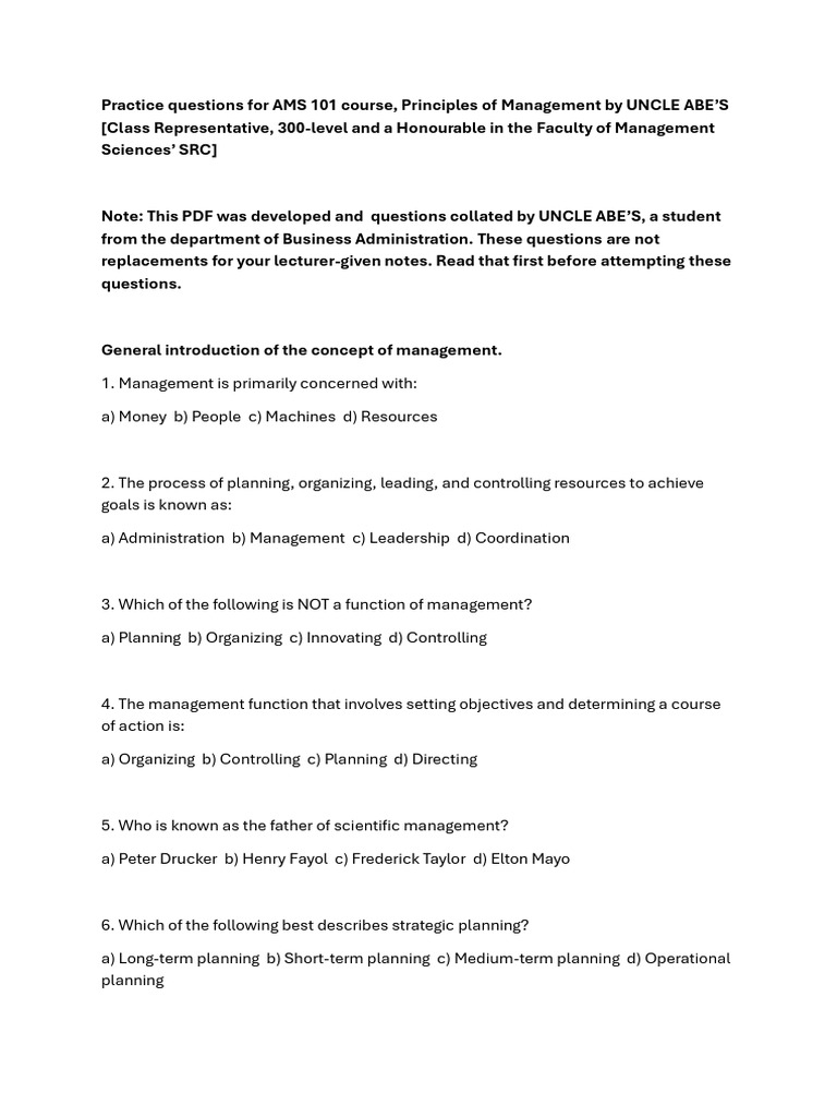 AMS 101 Management Practice Questions | PDF | Decision Making | Taxes