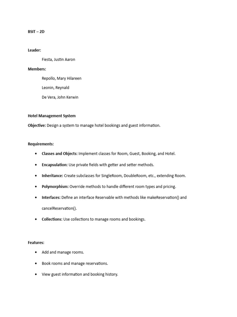 Hotel Management System Design Guide | PDF | Method (Computer ...