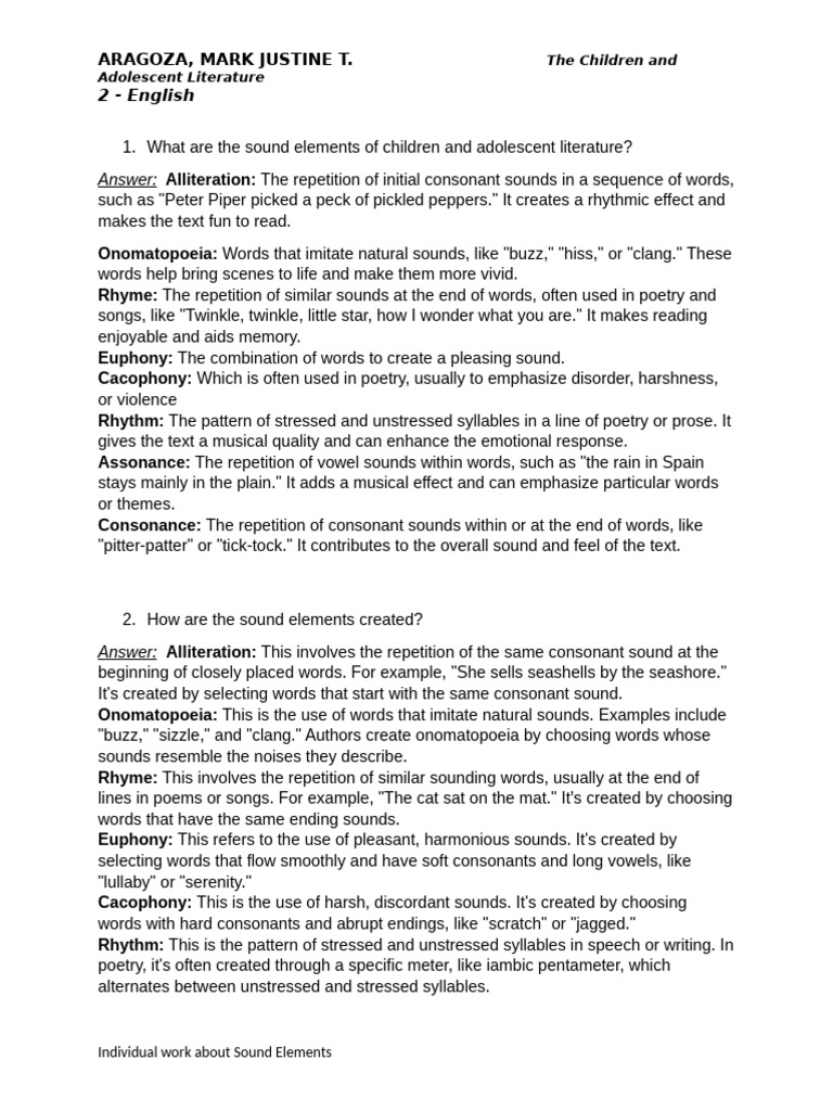 Sound Elements in Children's Literature | PDF | Poetry | Phonaesthetics
