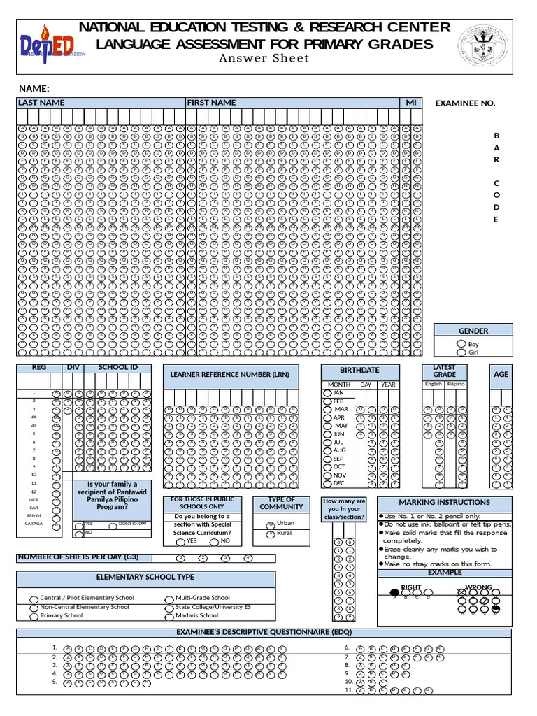 Language Assessment Answer Sheet | PDF | Writing Implements | Stationery