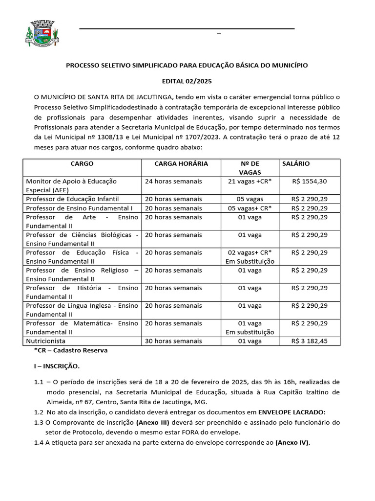 Processo Seletivo Educação Santa Rita 2025 | PDF | Pós-graduação ...