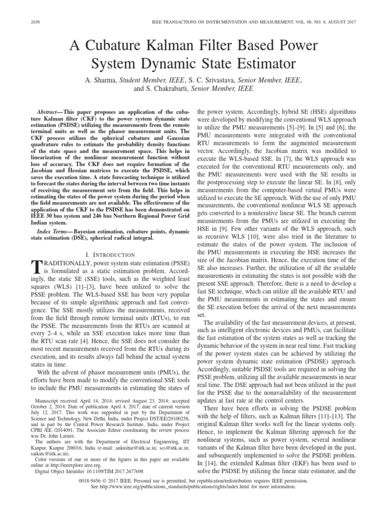 A Cubature Kalman Filter Based Power System Dynamic State Estimator ...