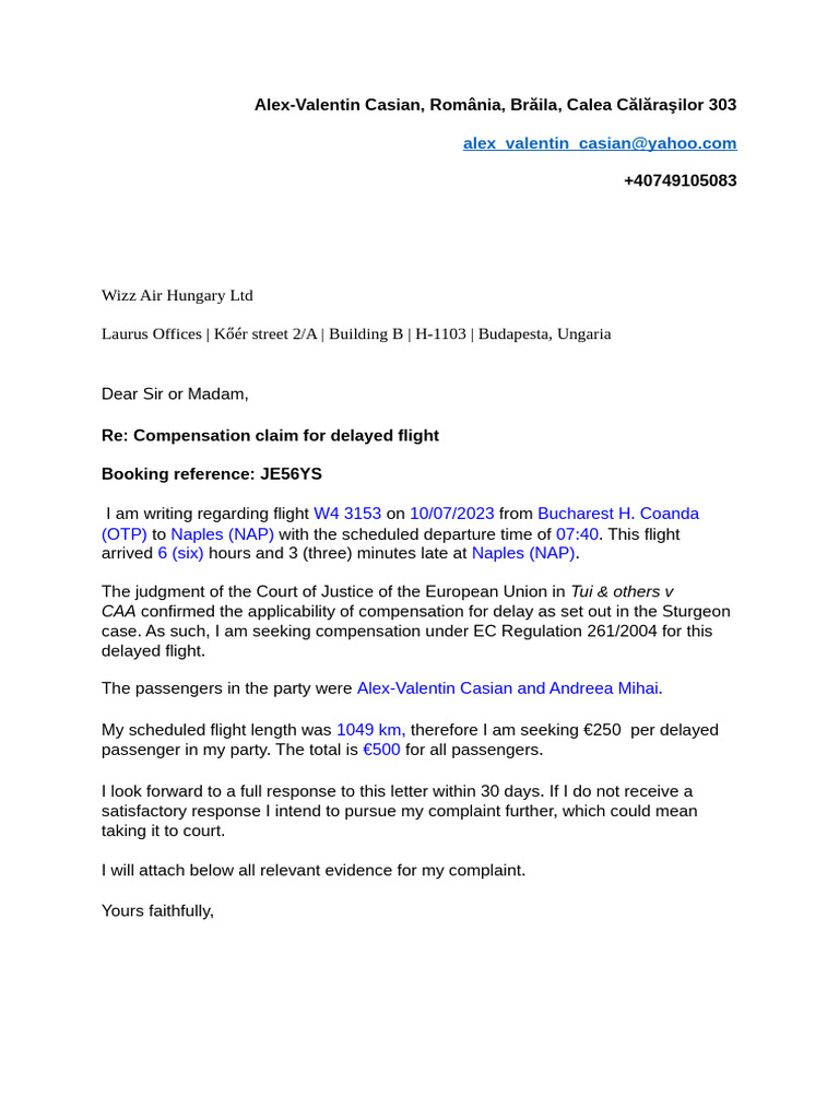 Flightdelaytemplateletter | PDF