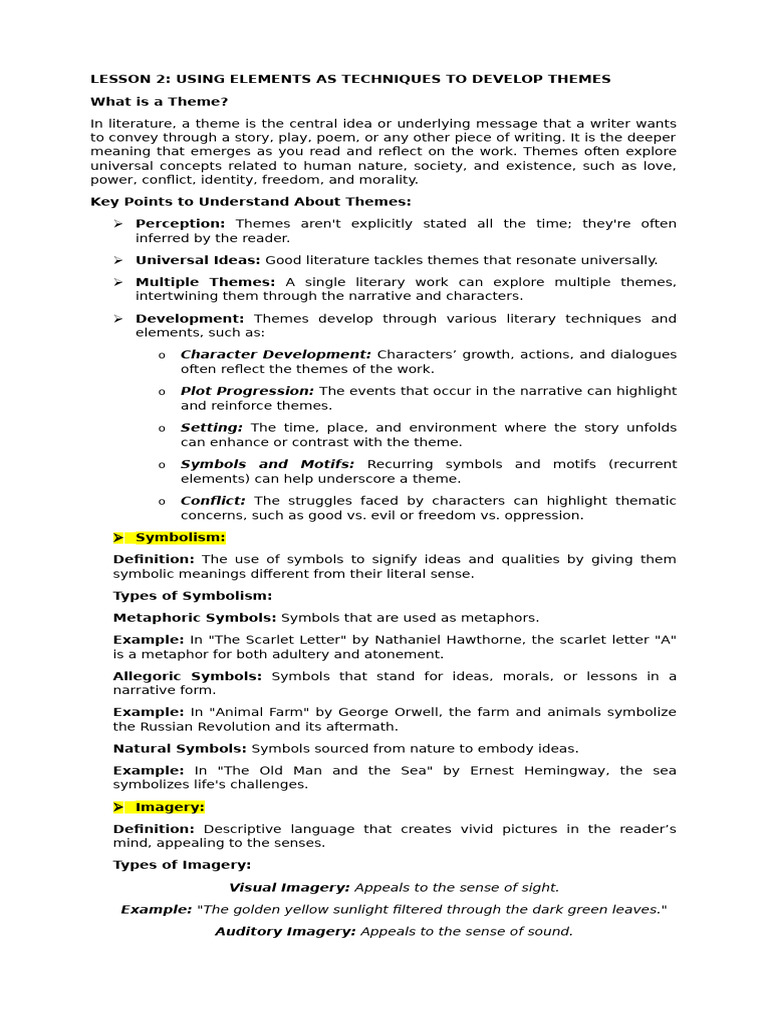 Developing Themes in Literature Techniques | PDF | Narration | To Kill ...