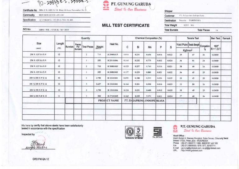 Contoh Mill Certificate