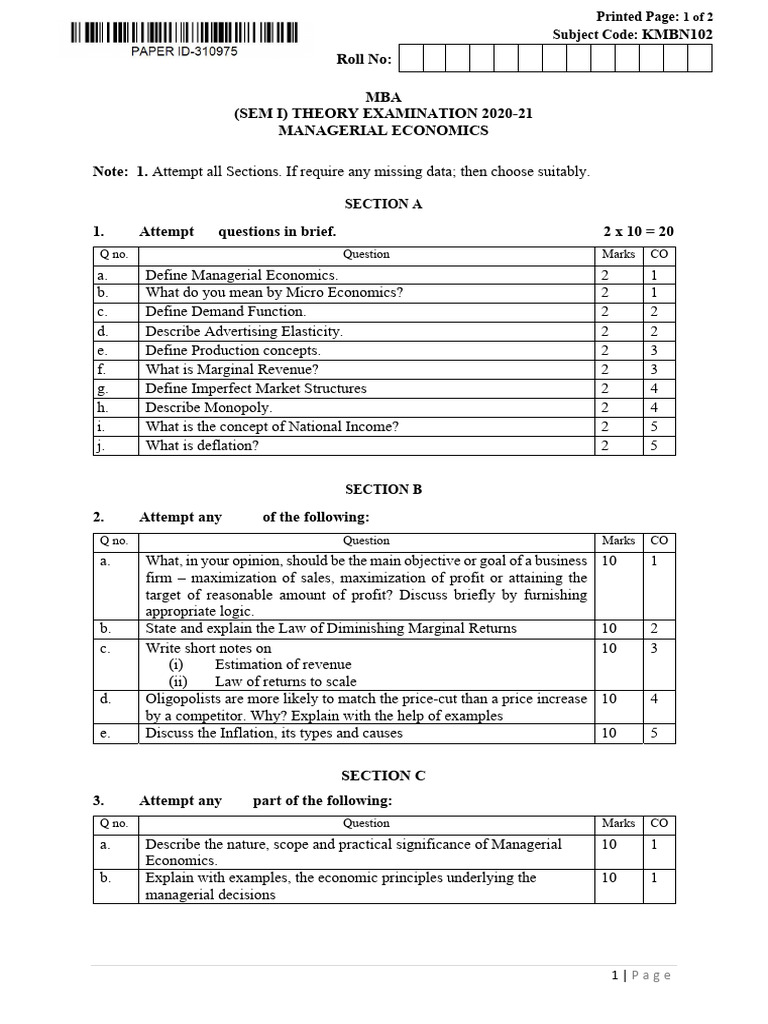 MBA Managerial Economics Exam Paper | PDF | Demand | Profit (Economics)