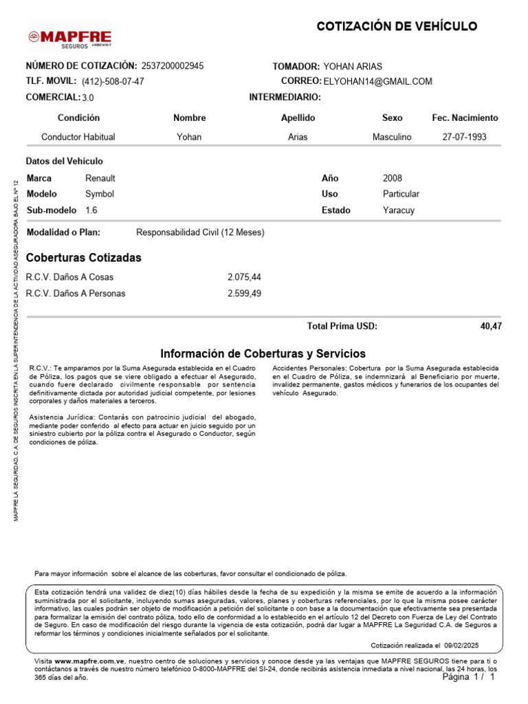 Cotización Seguro Automóvil MAPFRE | PDF | Póliza de seguros