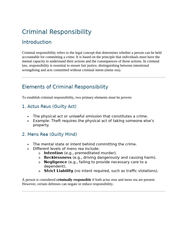 Understanding Criminal Responsibility | PDF | Mens Rea | Crimes