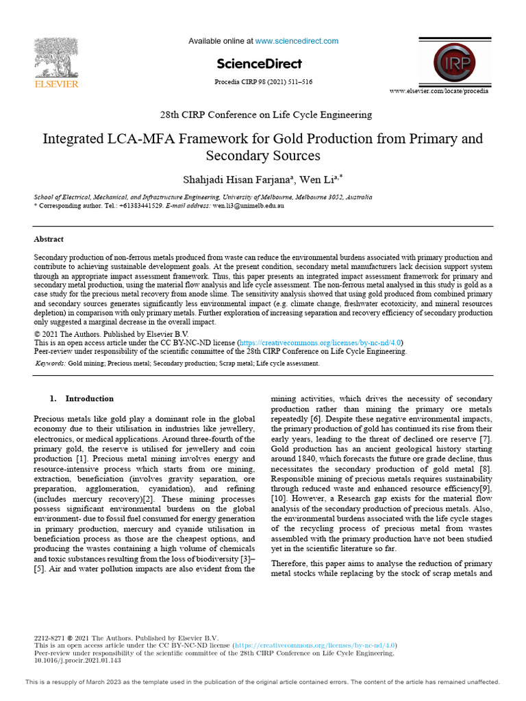 Integrated LCA-MFA Framework For Gold Production From Primary and ...