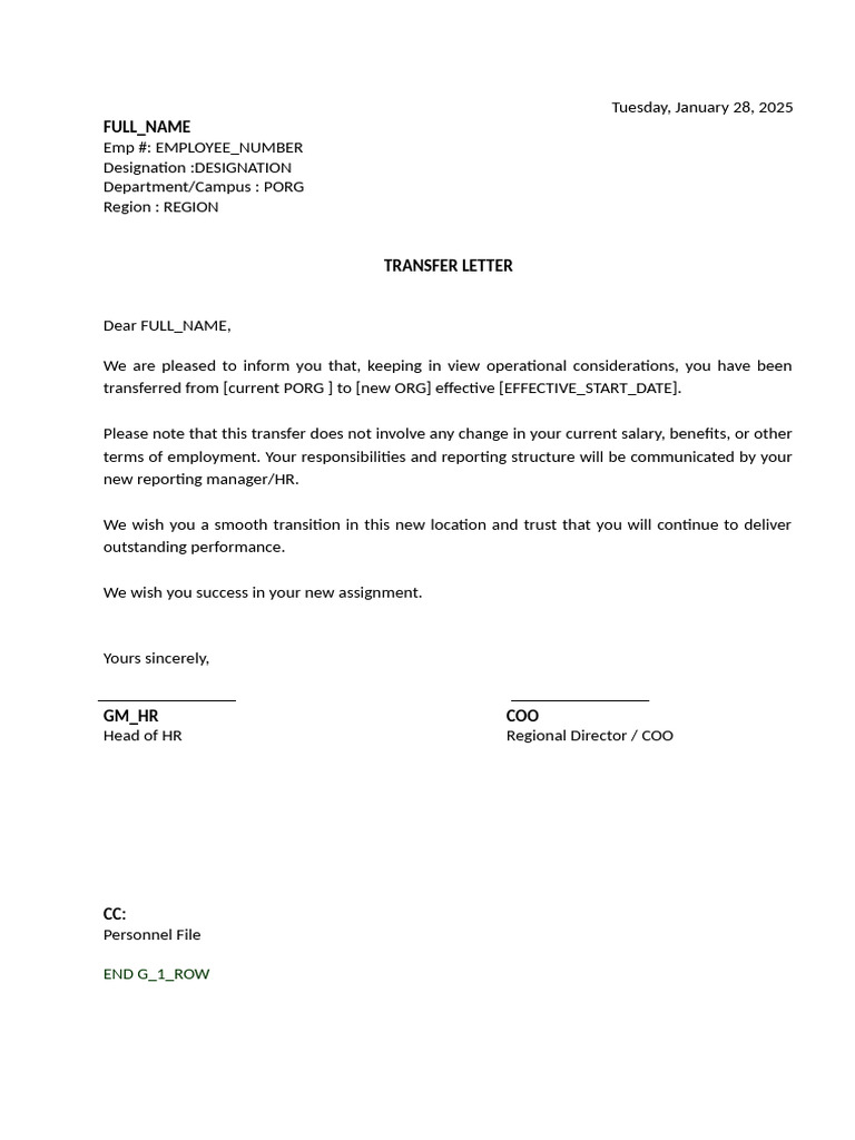 Employee Transfer Notification Letter | PDF