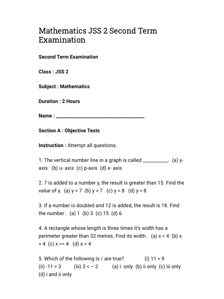 JSS 2 Mathematics Exam Questions | PDF | Geometry | Mathematical Concepts