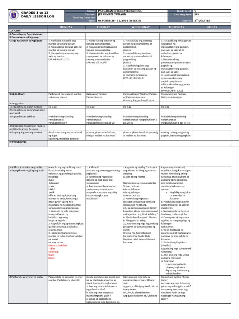 DLL - Epp 5 - Q2 - W5 | PDF