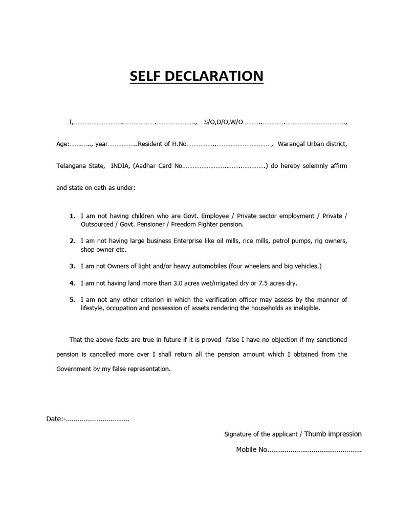 Self Declaration for Pension Eligibility | PDF