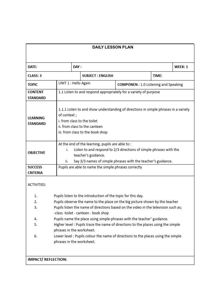Class 3 English Lesson Plan: Directions | PDF