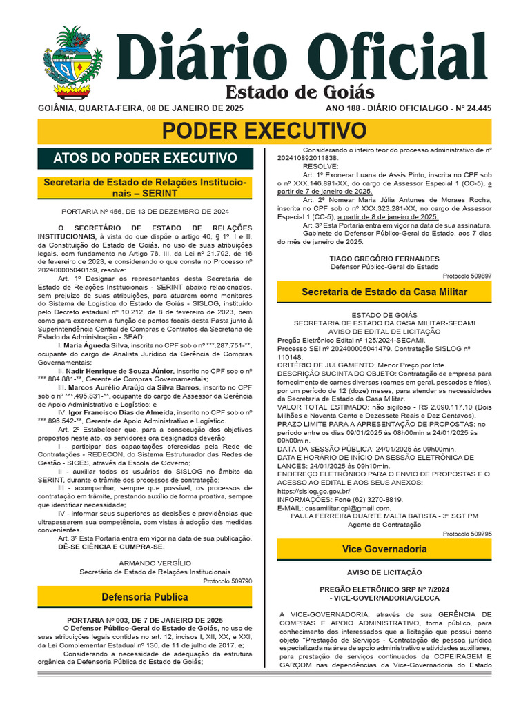 Atos do Poder Executivo em Goiás - Janeiro 2025 | PDF
