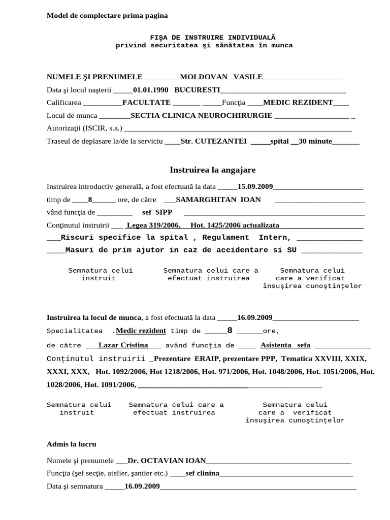Model FISA DE INSTRUIRE INDIVIDUALA Complet | PDF