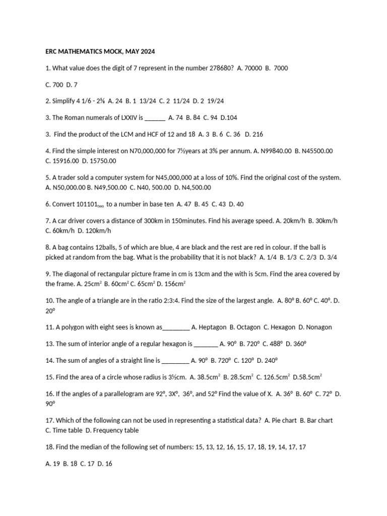 ERC Mathematics Mock Exam 2024 | PDF | Area | Geometry