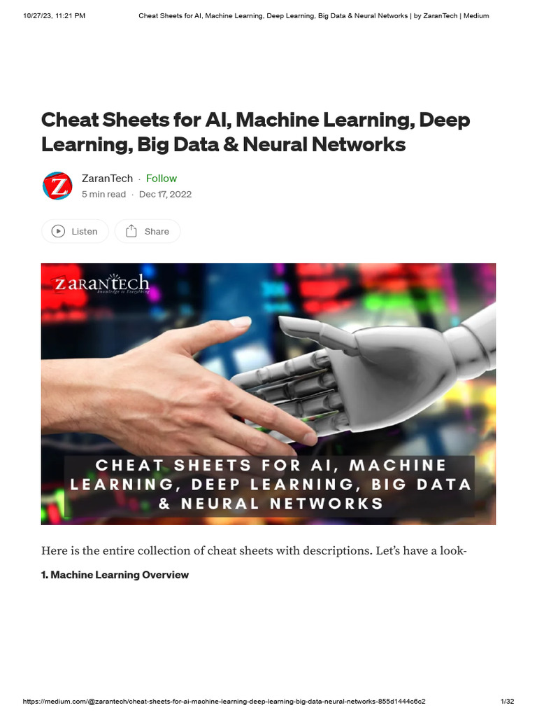 Cheat Sheets for AI, Machine Learning, Deep Learning, Big Data & Neural ...
