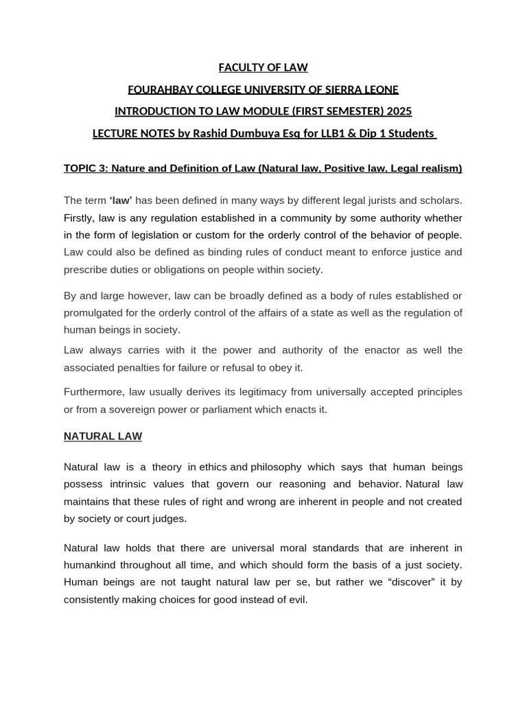 Topic 3 Introduction To Law First Semester NATURE AND DEFINITION OF LAW ...