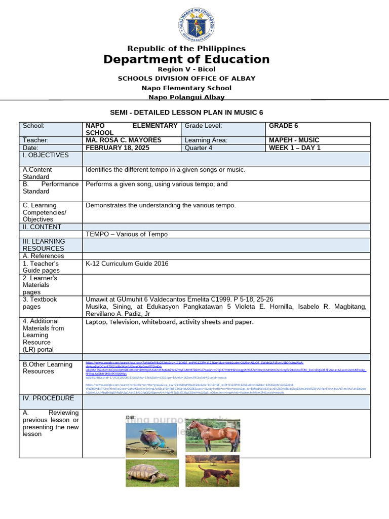 Grade 6 Music Lesson Plan on Tempo | PDF | Tempo | Learning