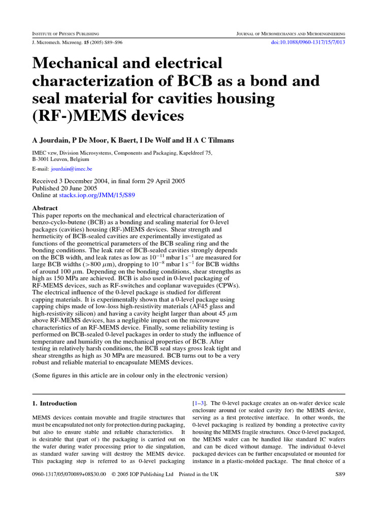 BCB Characterization for RF-MEMS Packaging | PDF | Leak | Materials