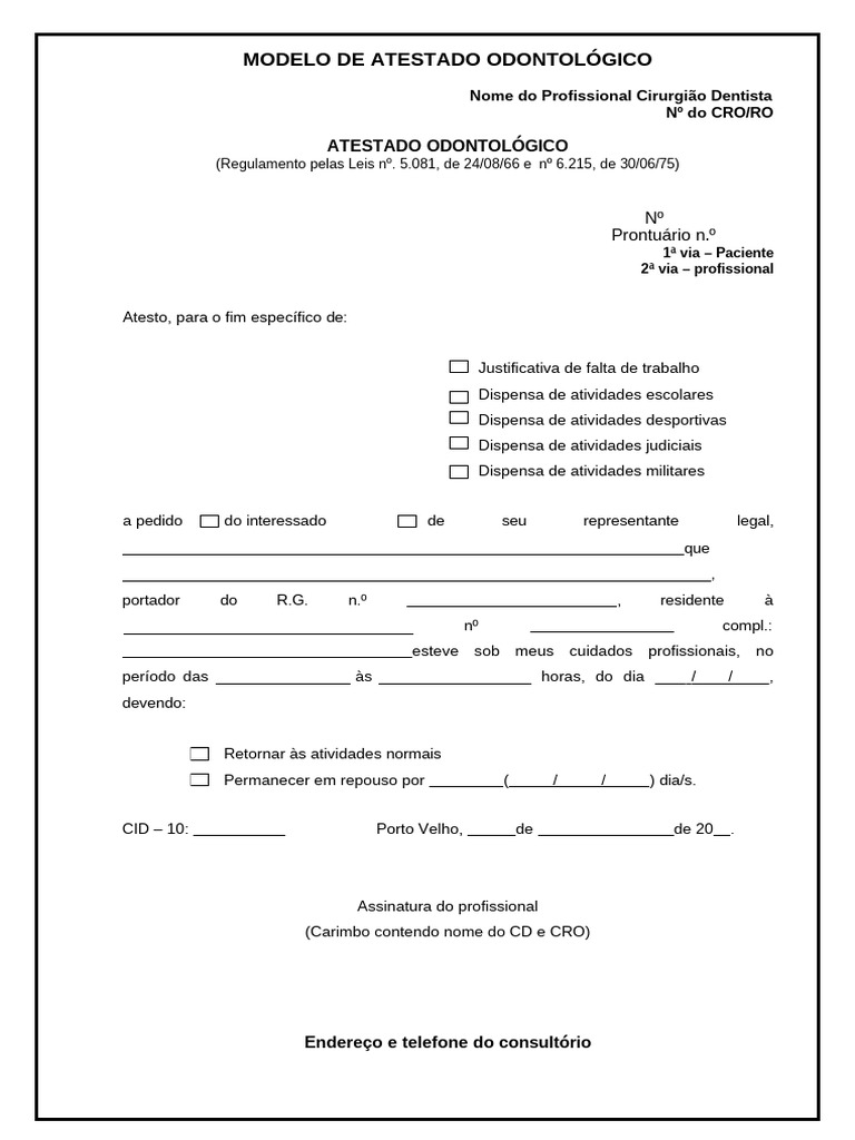 Atestado Odontológico Modelo e Uso | PDF | Remédio | Sistema de saúde