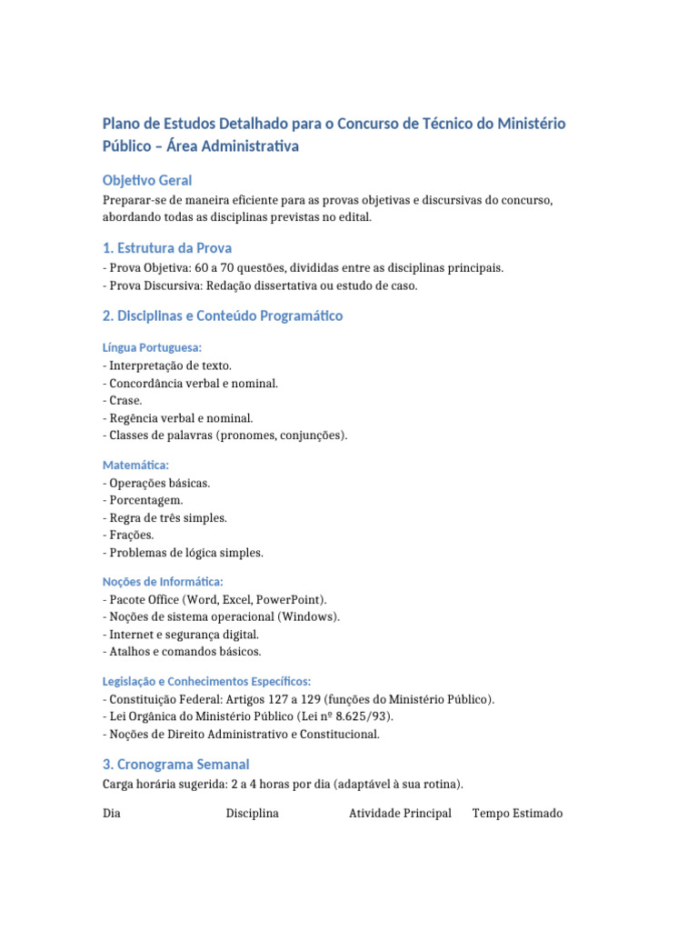 Plano de Estudos para Concurso MP Técnico | PDF | Matemática | Constituição