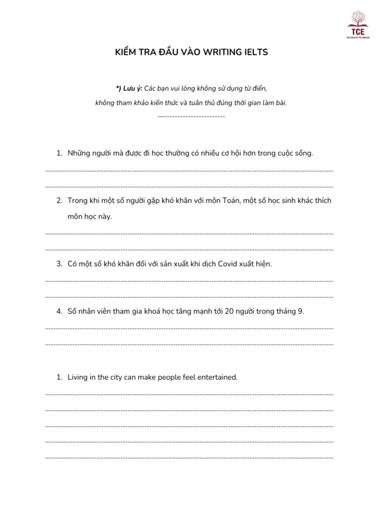 (Test đầu vào - Elementary & Pre-intermediate) Writing | PDF