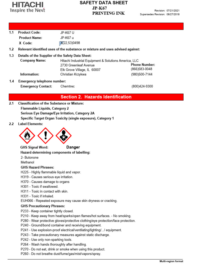 JP-K67 Printing Ink Safety Data Sheet | PDF | Dangerous Goods ...