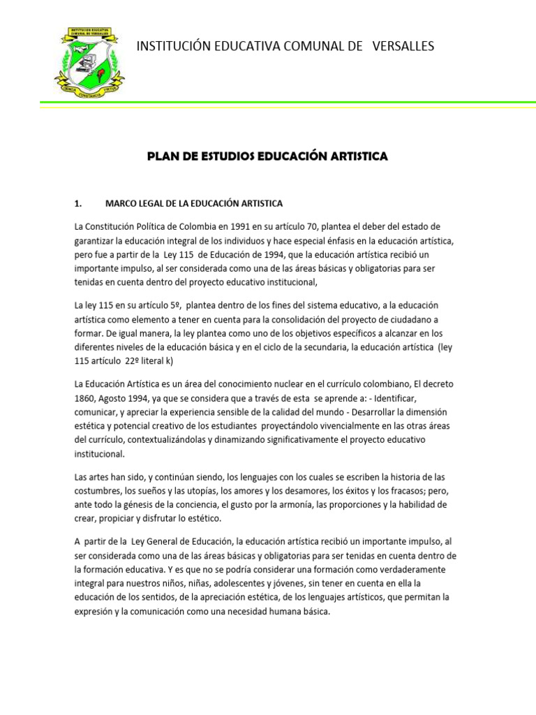 Plan de Area Artistica | PDF | Educación en artes visuales | Bailes