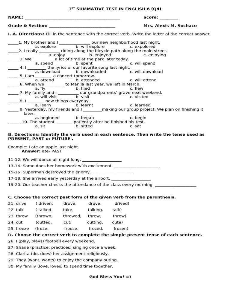 4Q - ST1 - ENGLISH 6 Tenses of The Verb | PDF | Linguistic Morphology ...