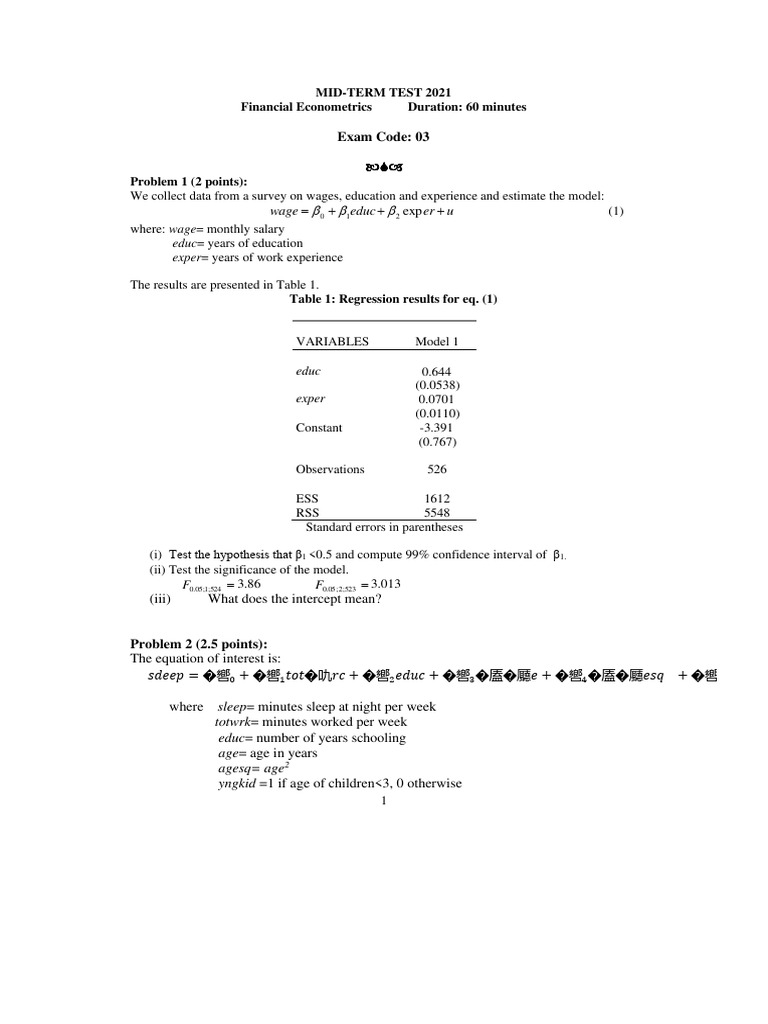 Mid-term-test-2021 2911 | PDF | Regression Analysis | Errors And Residuals