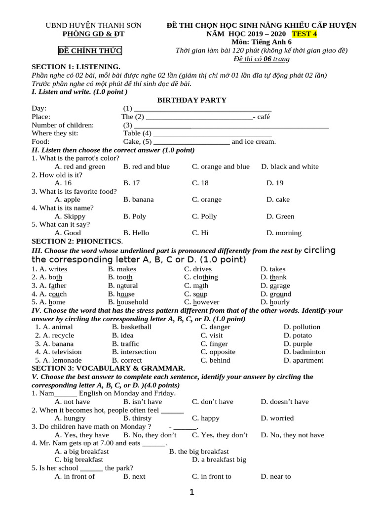 English Test for Grade 6 Students | PDF | Meal | Foods