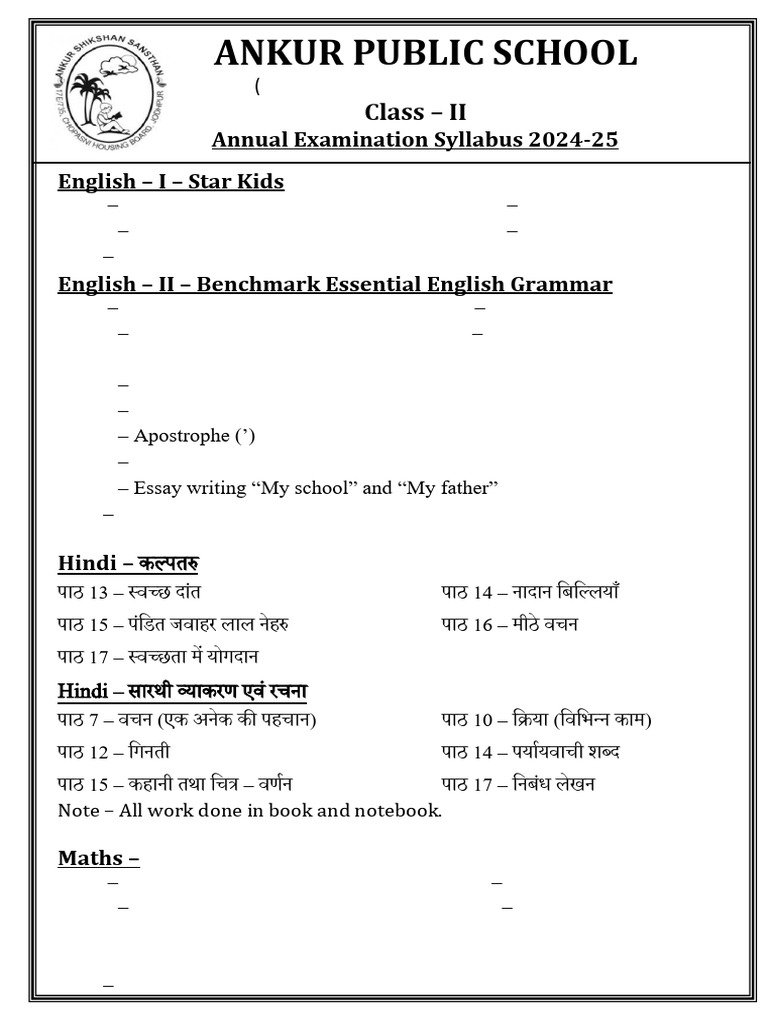 Class II Annual Exam Syllabus 2024-25 | PDF | English Language ...