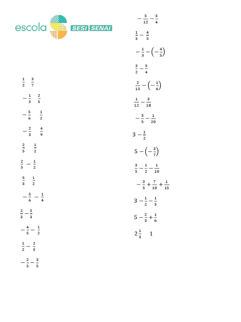 Exercícios Fração - Adição e Subtração | PDF | Álgebra | Lexicologia