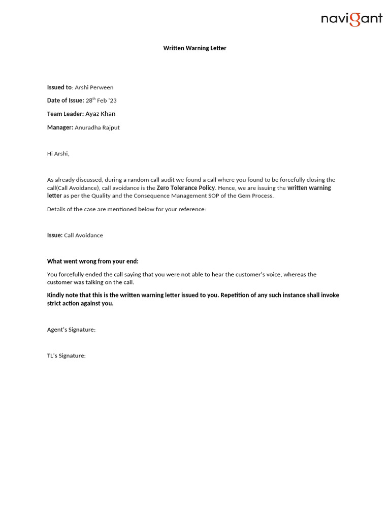 Written Warning for Call Avoidance | PDF