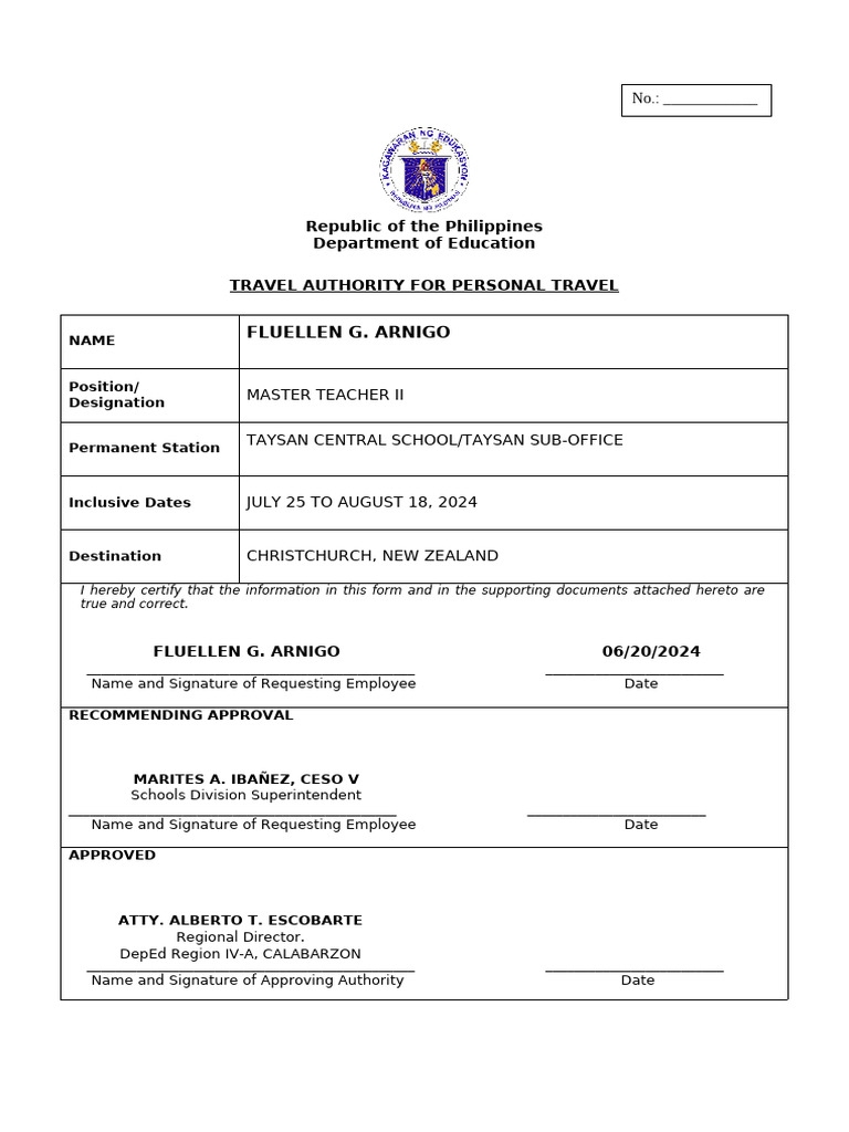 Travel Authority Approval for Arnigo | PDF