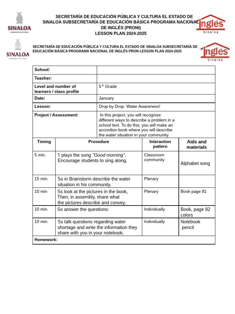 5th Grade Water Awareness Lesson Plan | PDF | Lesson Plan | Teaching