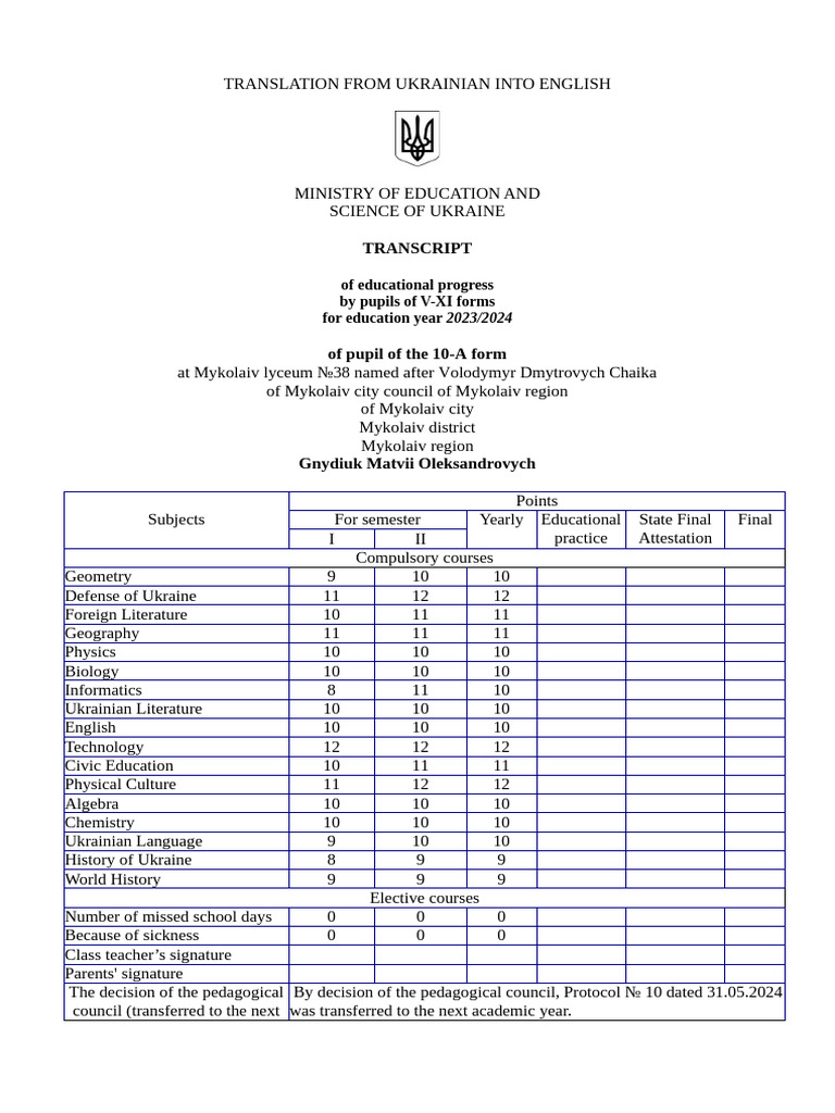 Ukrainian Student Transcript 2023/2024 | PDF