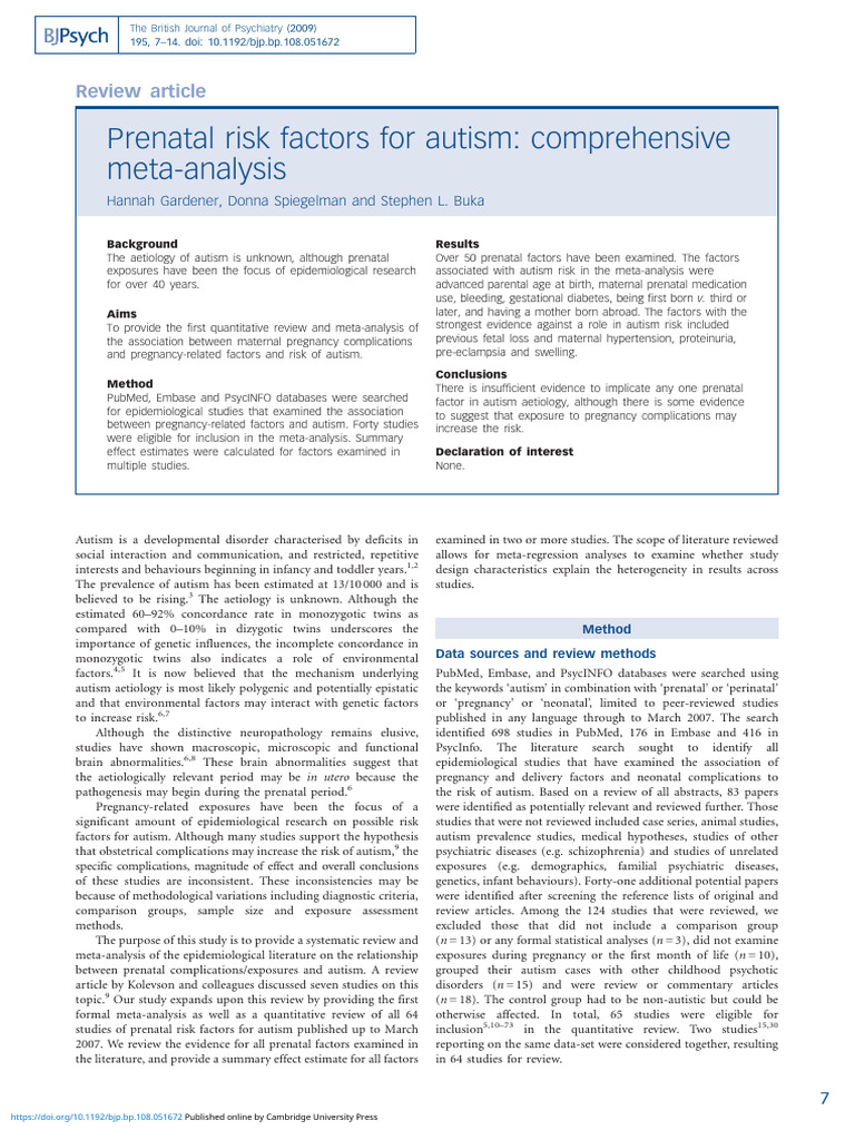 Prenatal Risk Factors For Autism - Comprehensive Meta Analysis | PDF ...