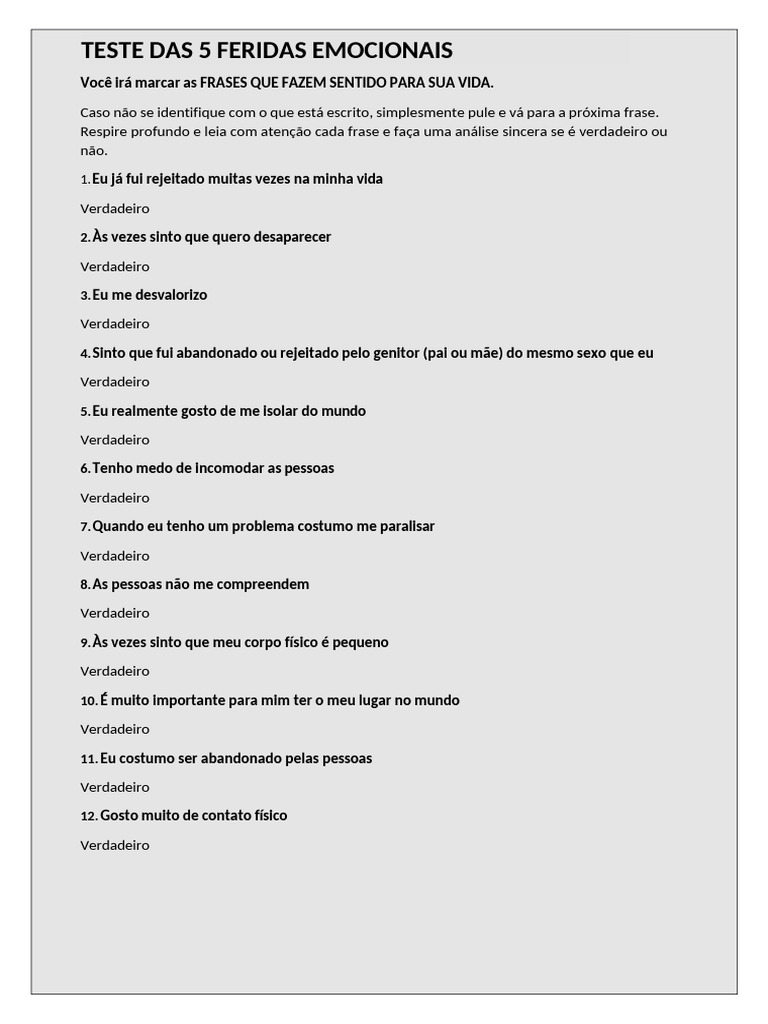 Teste das 5 Feridas Emocionais | PDF
