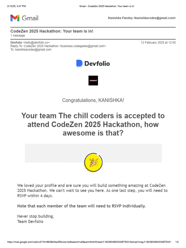 Gmail - CodeZen 2025 Hackathon - Your Team Is In! | PDF