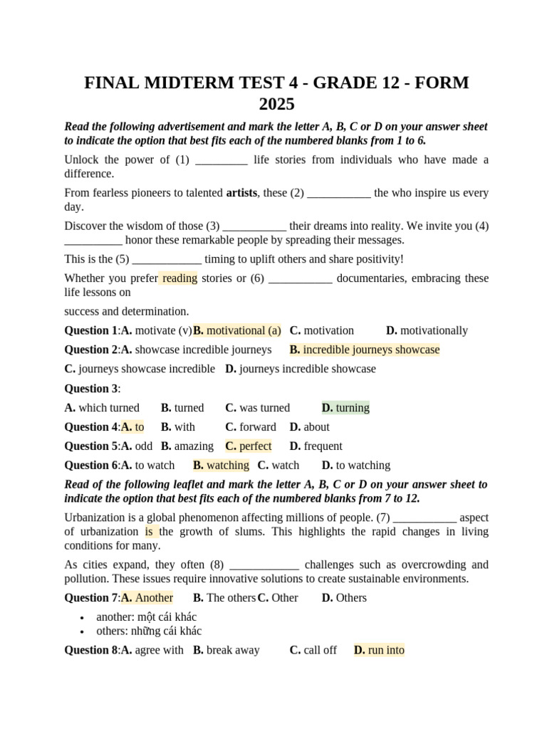 Grade 12 Midterm Test: Language Skills | PDF | Mindfulness | Sustainability
