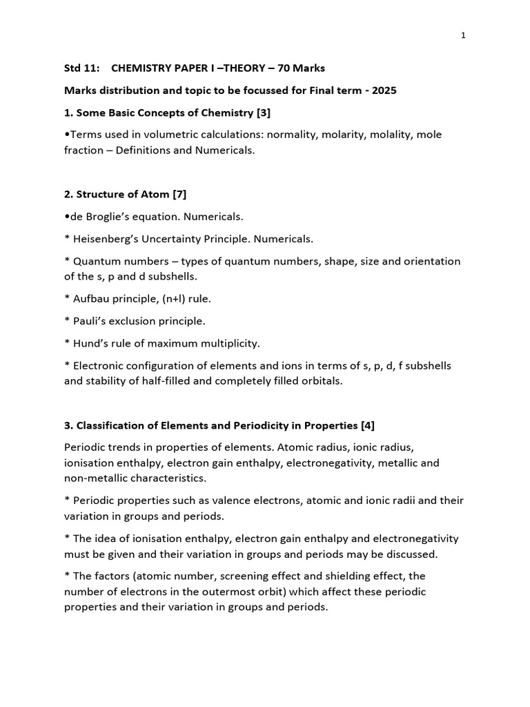 Std 11 Chemistry Exam Guide 2025 | PDF | Periodic Table | Chemical ...