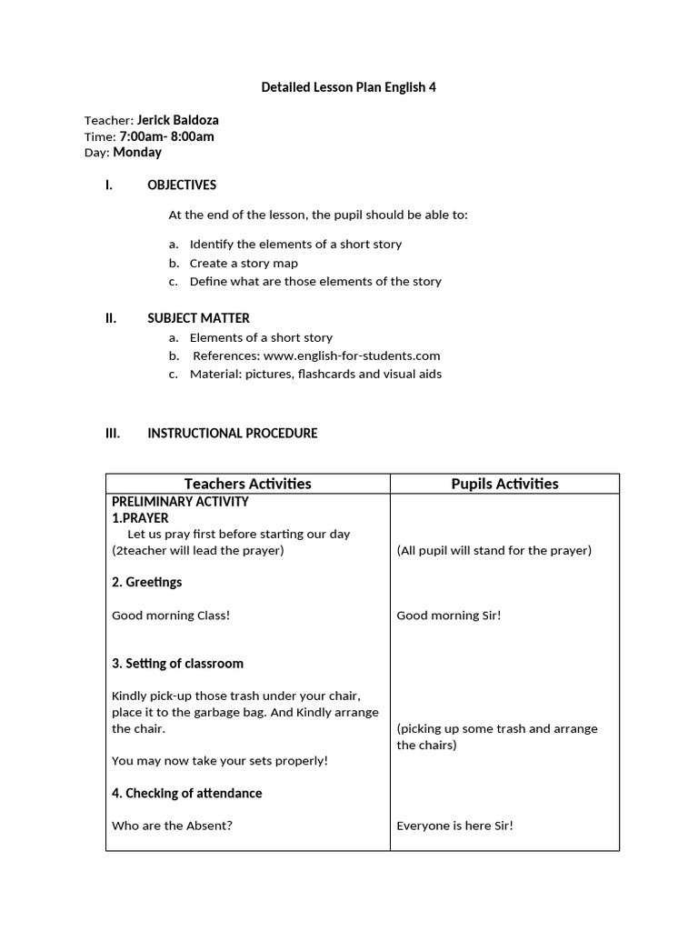 English 4 Lesson Plan: Short Stories | PDF | Lesson Plan