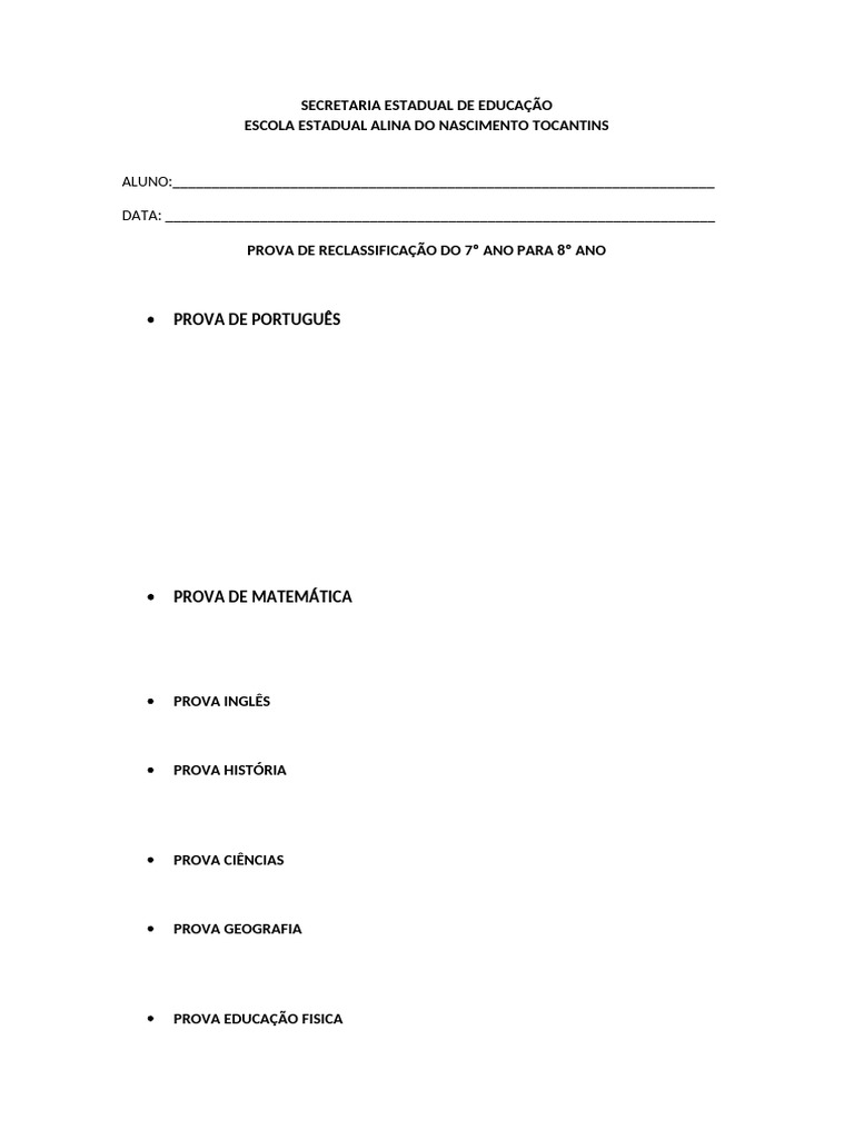 Prova de Reclassificação 7º para 8º Ano | PDF